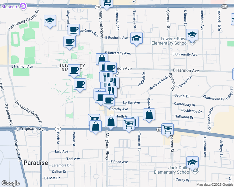 map of restaurants, bars, coffee shops, grocery stores, and more near 1305 Del Mar Street in Las Vegas