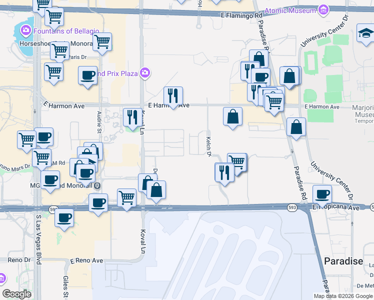 map of restaurants, bars, coffee shops, grocery stores, and more near 4670 Monterey Circle in Las Vegas