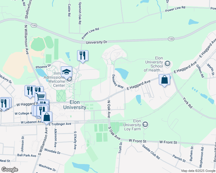 map of restaurants, bars, coffee shops, grocery stores, and more near 619 Sheridan Place in Elon