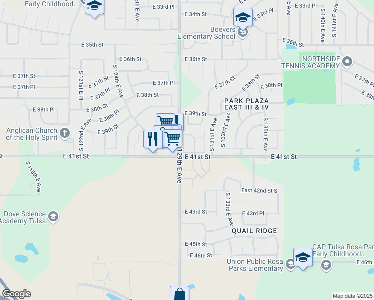 map of restaurants, bars, coffee shops, grocery stores, and more near 4019 South 130th East Avenue in Tulsa