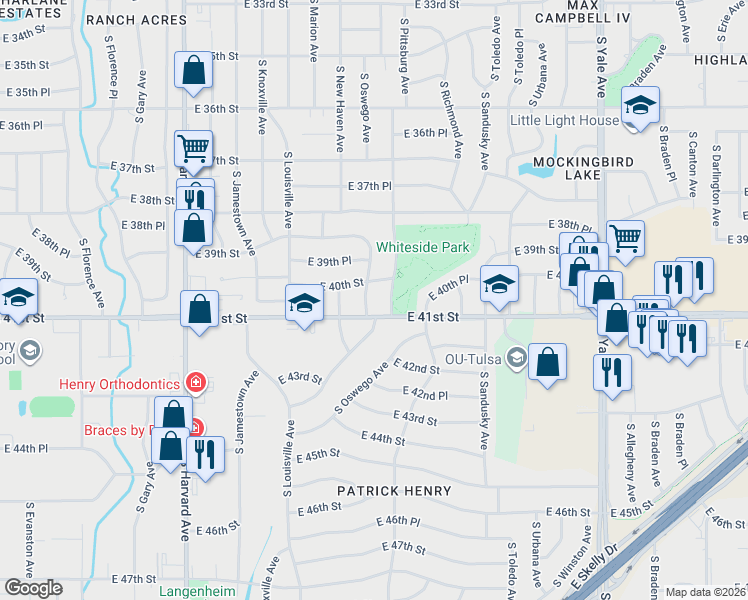 map of restaurants, bars, coffee shops, grocery stores, and more near 4017 South Oswego Avenue in Tulsa