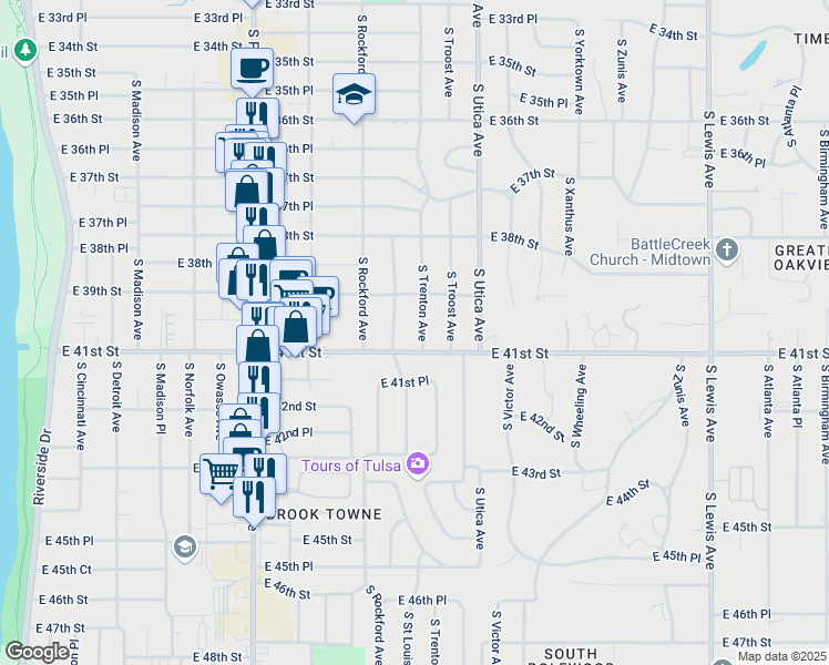 map of restaurants, bars, coffee shops, grocery stores, and more near 3929 South Saint Louis Avenue in Tulsa