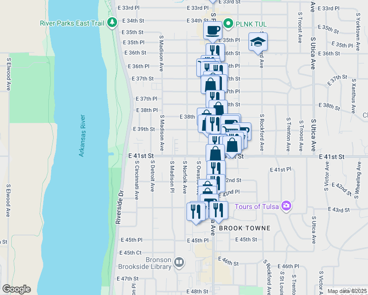 map of restaurants, bars, coffee shops, grocery stores, and more near 1027 East 41st Street in Tulsa