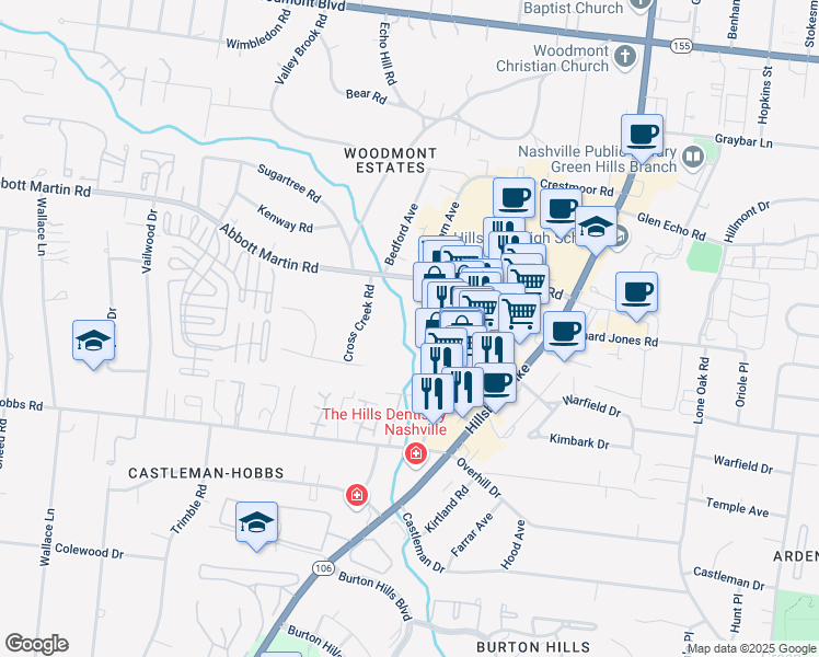 map of restaurants, bars, coffee shops, grocery stores, and more near 3939 Hillsboro Circle in Nashville