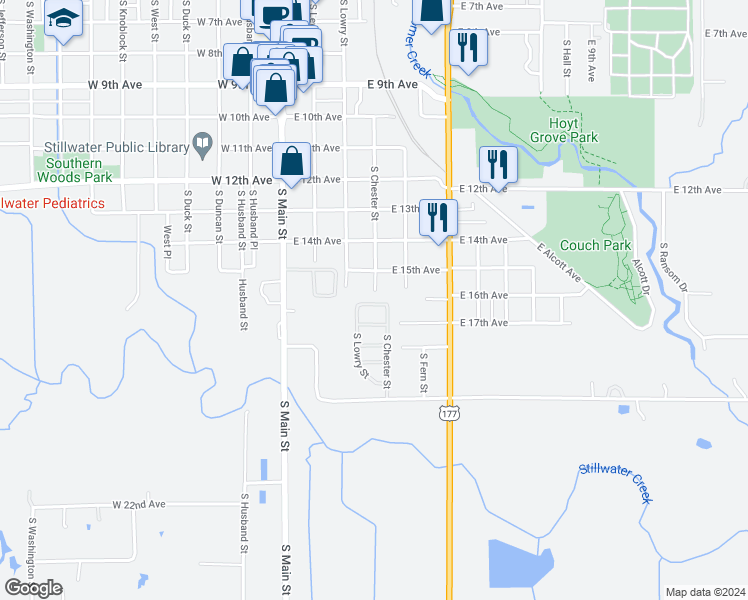 map of restaurants, bars, coffee shops, grocery stores, and more near 310 East 16th Avenue in Stillwater