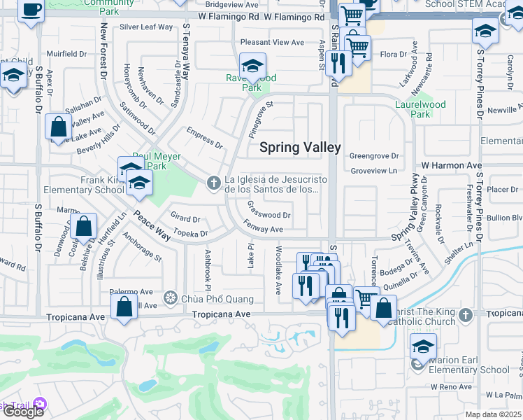 map of restaurants, bars, coffee shops, grocery stores, and more near 7134 Grasswood Drive in Las Vegas