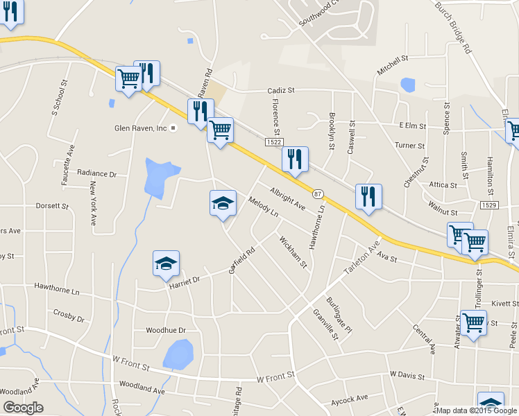 map of restaurants, bars, coffee shops, grocery stores, and more near 1638 Granville Street in Burlington