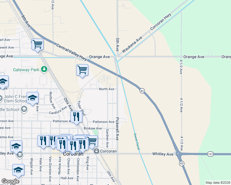 map of restaurants, bars, coffee shops, grocery stores, and more near 606 Pickerell Avenue in Corcoran