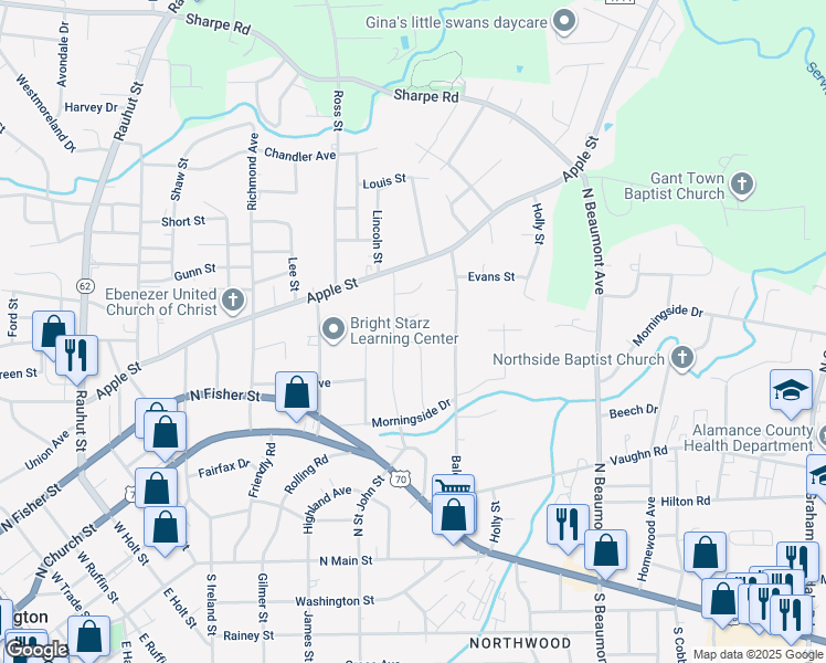 map of restaurants, bars, coffee shops, grocery stores, and more near 447 Crescent Avenue in Burlington