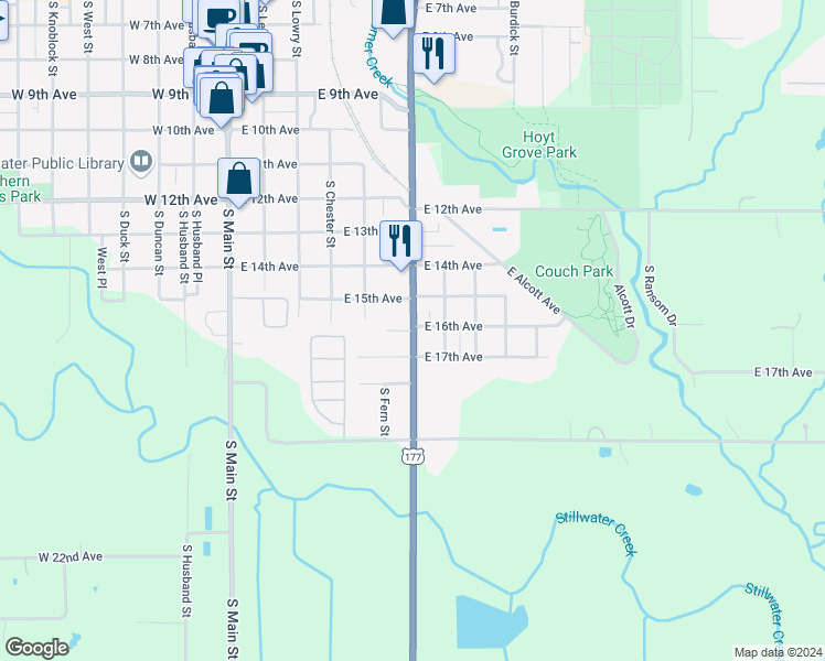 map of restaurants, bars, coffee shops, grocery stores, and more near 306 East 16th Avenue in Stillwater