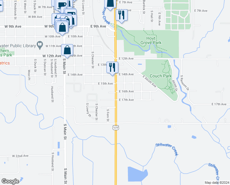 map of restaurants, bars, coffee shops, grocery stores, and more near 320 East 16th Avenue in Stillwater