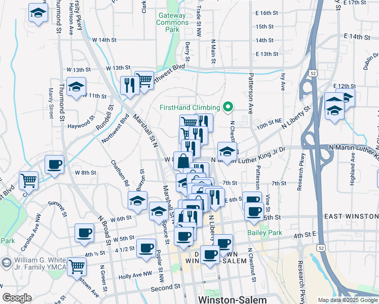 map of restaurants, bars, coffee shops, grocery stores, and more near 850 Trade Street Northwest in Winston-Salem