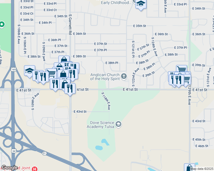 map of restaurants, bars, coffee shops, grocery stores, and more near 4024 South 118th East Avenue in Tulsa