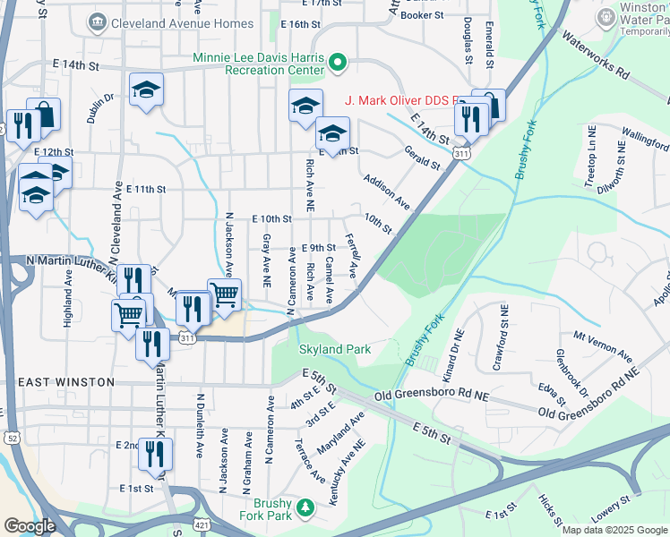map of restaurants, bars, coffee shops, grocery stores, and more near 843 Camel Avenue in Winston-Salem