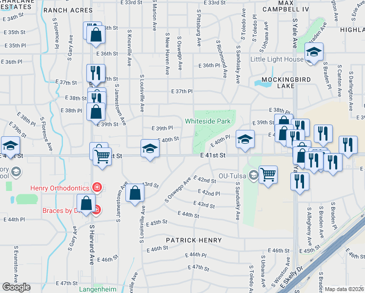 map of restaurants, bars, coffee shops, grocery stores, and more near 4017 South Oswego Avenue in Tulsa