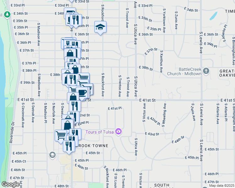 map of restaurants, bars, coffee shops, grocery stores, and more near 3929 South Saint Louis Avenue in Tulsa