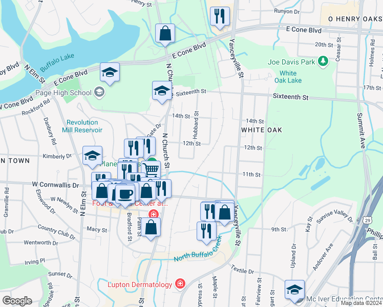 map of restaurants, bars, coffee shops, grocery stores, and more near 2313 Hubbard Street in Greensboro