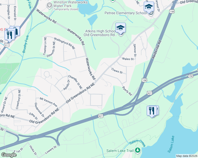 map of restaurants, bars, coffee shops, grocery stores, and more near 47 Old Greensboro Road Northeast in Winston-Salem