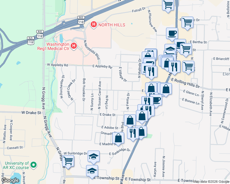 map of restaurants, bars, coffee shops, grocery stores, and more near 201 East Appleby Road in Fayetteville