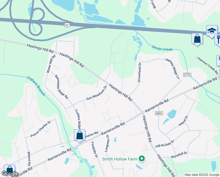 map of restaurants, bars, coffee shops, grocery stores, and more near 578 Hastings Hill Road in Kernersville