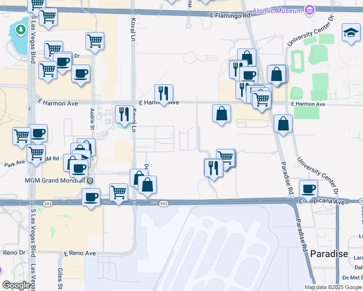 map of restaurants, bars, coffee shops, grocery stores, and more near 4666 Monterey Circle in Las Vegas