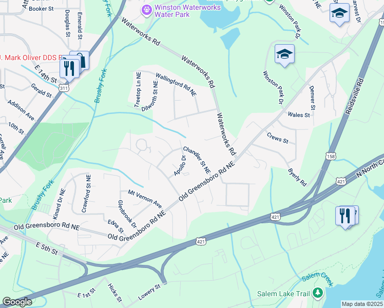 map of restaurants, bars, coffee shops, grocery stores, and more near 554 Chandler Street Northeast in Winston-Salem