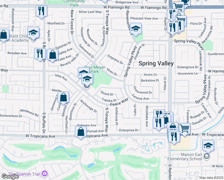map of restaurants, bars, coffee shops, grocery stores, and more near 7333 Coffeyville Avenue in Las Vegas