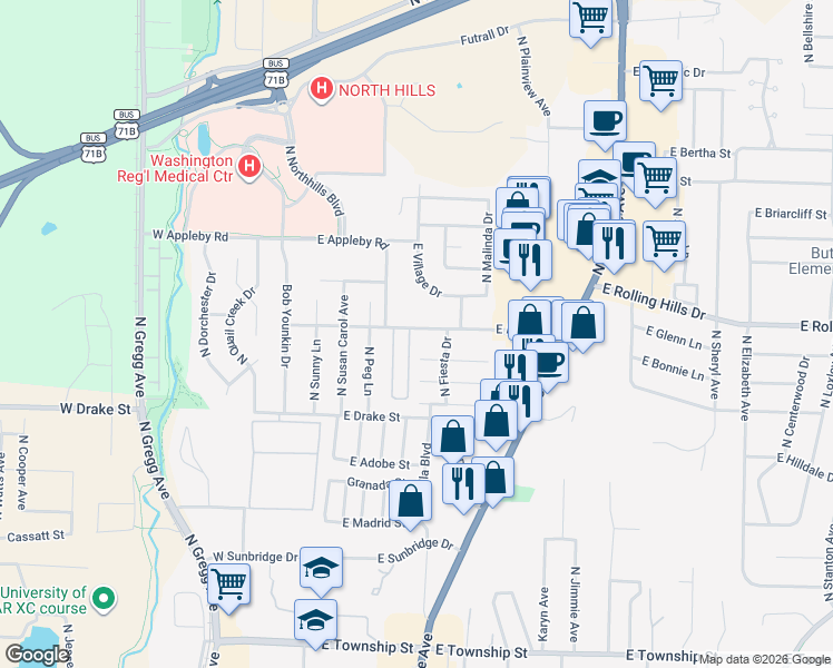 map of restaurants, bars, coffee shops, grocery stores, and more near 201 East Appleby Road in Fayetteville