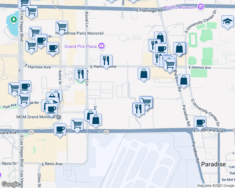 map of restaurants, bars, coffee shops, grocery stores, and more near 4666 Monterey Circle in Las Vegas