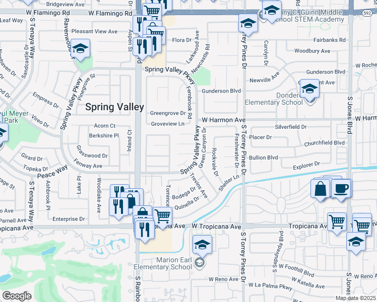 map of restaurants, bars, coffee shops, grocery stores, and more near 6736 Paljay Court in Las Vegas