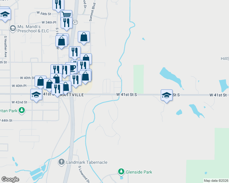 map of restaurants, bars, coffee shops, grocery stores, and more near 4037 Rawson Road in Sand Springs
