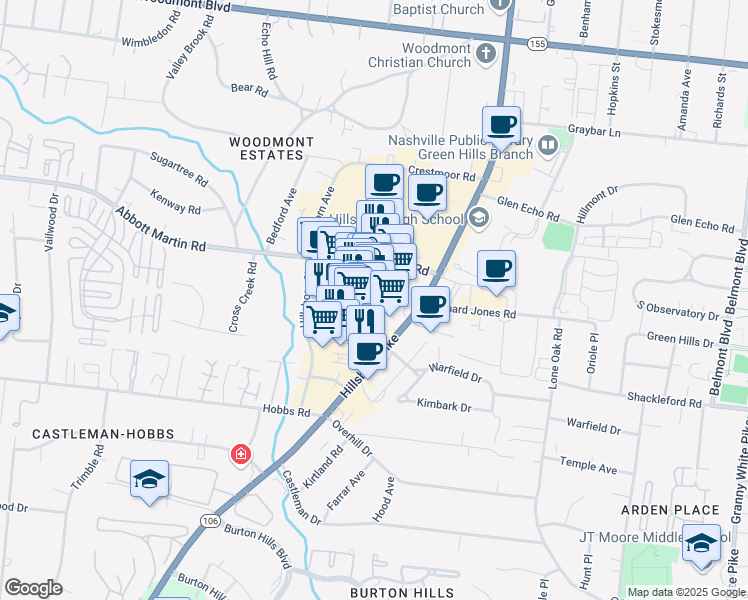 map of restaurants, bars, coffee shops, grocery stores, and more near 2130 Bandywood Drive in Nashville