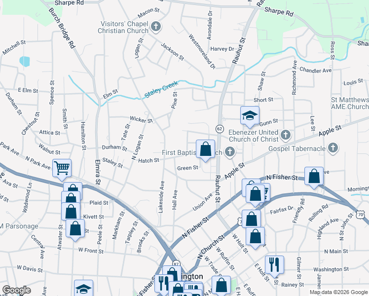 map of restaurants, bars, coffee shops, grocery stores, and more near 708 Ford Street in Burlington
