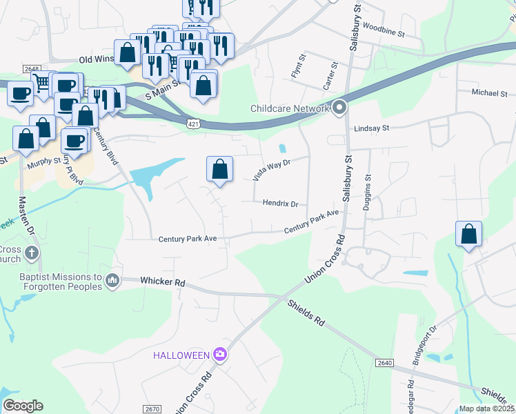 map of restaurants, bars, coffee shops, grocery stores, and more near 137 Hendrix Drive in Kernersville