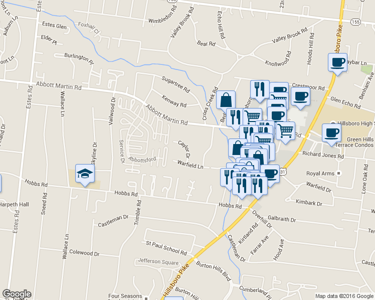 map of restaurants, bars, coffee shops, grocery stores, and more near 3919 Caylor Dr in Nashville