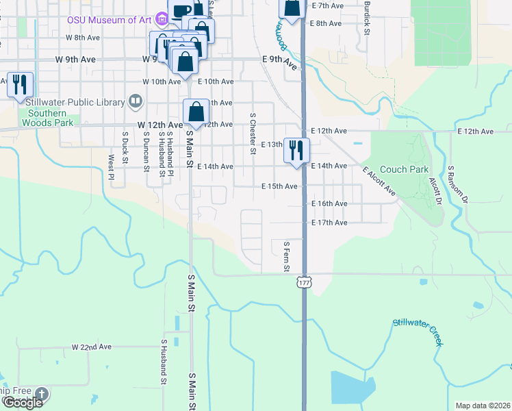 map of restaurants, bars, coffee shops, grocery stores, and more near 1823 South Chester Street in Stillwater