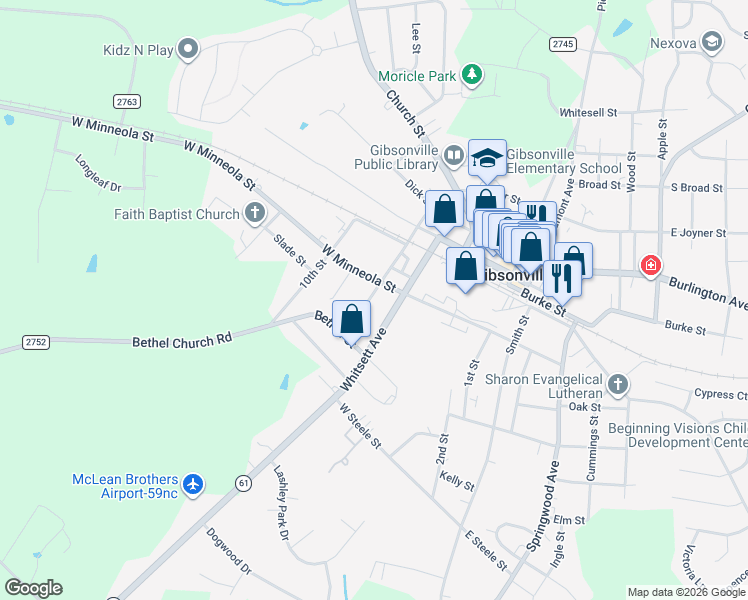 map of restaurants, bars, coffee shops, grocery stores, and more near 409 South Joyner Street in Gibsonville