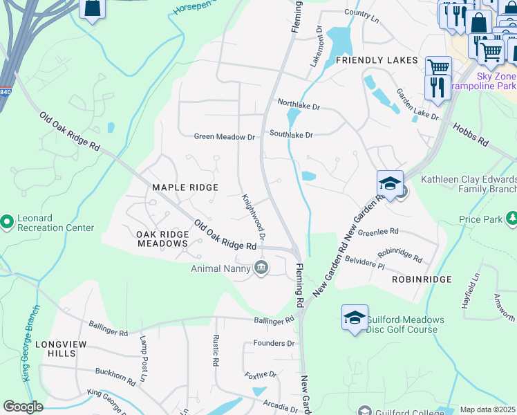 map of restaurants, bars, coffee shops, grocery stores, and more near 1312 Knightwood Drive in Greensboro