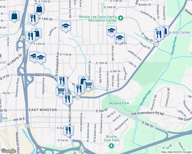 map of restaurants, bars, coffee shops, grocery stores, and more near 835 North Graham Avenue in Winston-Salem