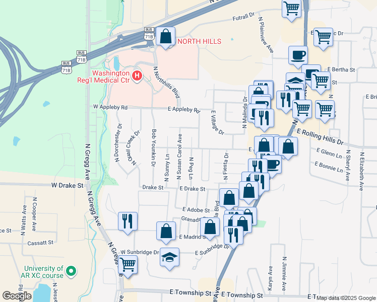 map of restaurants, bars, coffee shops, grocery stores, and more near 2893 North Peg Lane in Fayetteville
