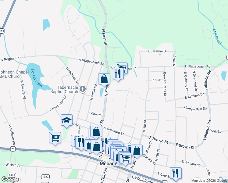 map of restaurants, bars, coffee shops, grocery stores, and more near 211 Edward Court in Mebane