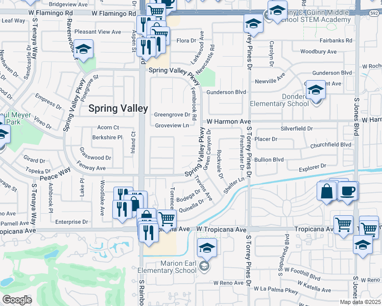 map of restaurants, bars, coffee shops, grocery stores, and more near 6736 Paljay Court in Las Vegas