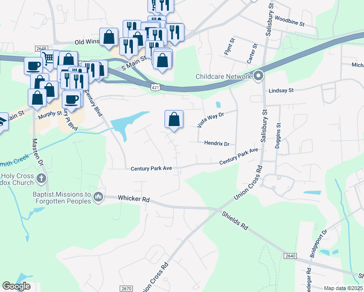 map of restaurants, bars, coffee shops, grocery stores, and more near 106 Bramblegate Court in Kernersville