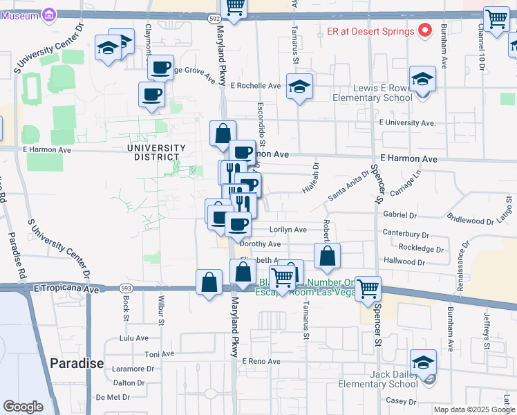 map of restaurants, bars, coffee shops, grocery stores, and more near 1305 Del Mar St in Las Vegas