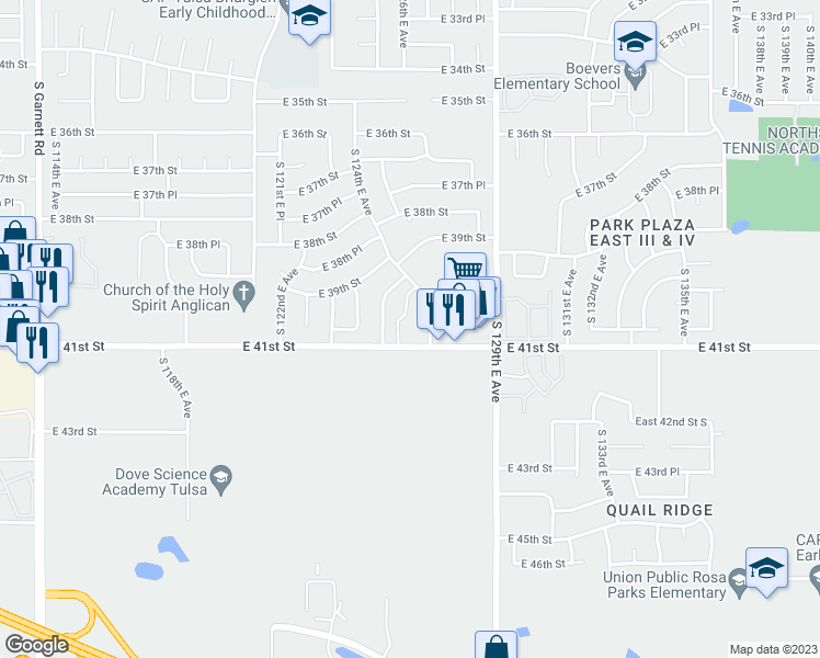 map of restaurants, bars, coffee shops, grocery stores, and more near 12517 East 41st Street in Tulsa