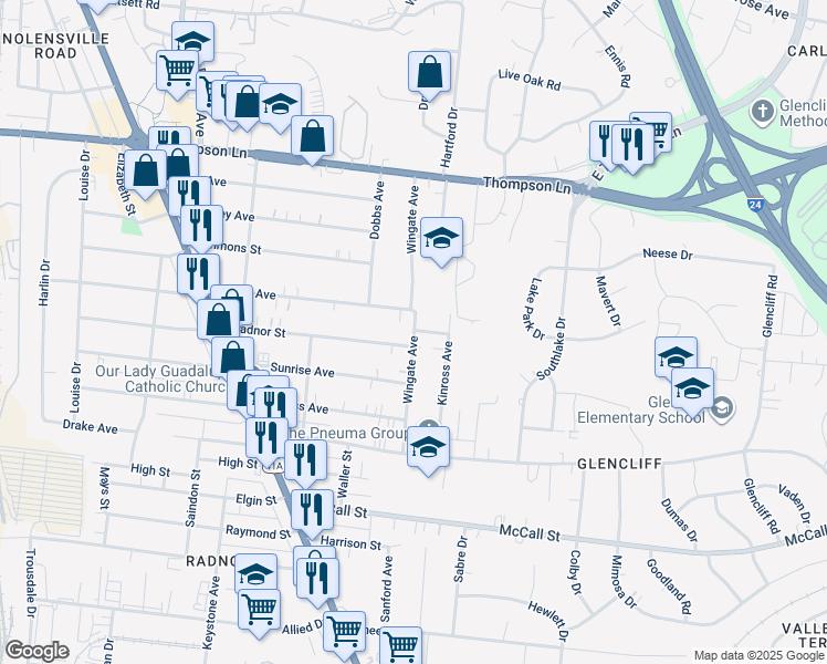 map of restaurants, bars, coffee shops, grocery stores, and more near 3015B Wingate Avenue in Nashville