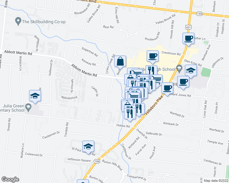 map of restaurants, bars, coffee shops, grocery stores, and more near 3920 Cross Creek Road in Nashville