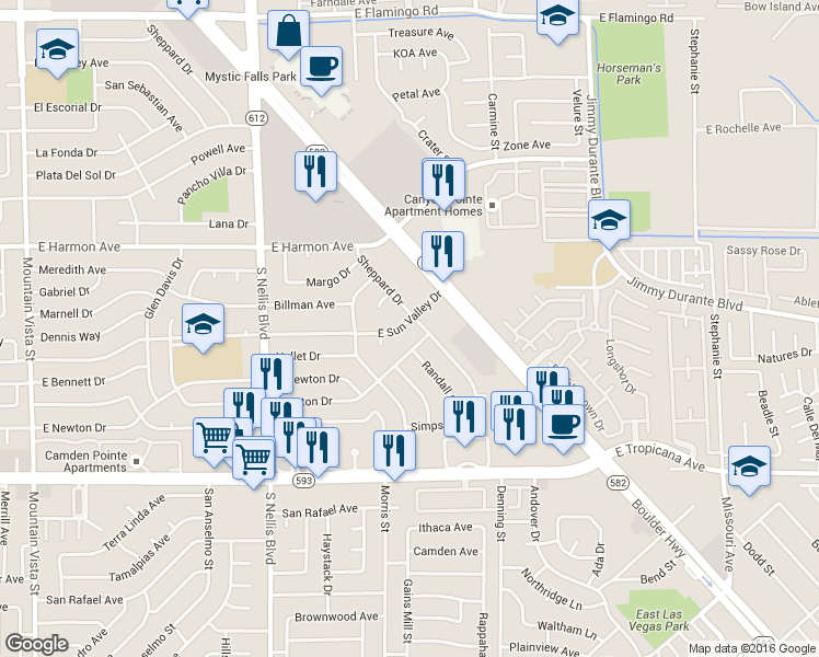 map of restaurants, bars, coffee shops, grocery stores, and more near 5239 East Sun Valley Drive in Las Vegas