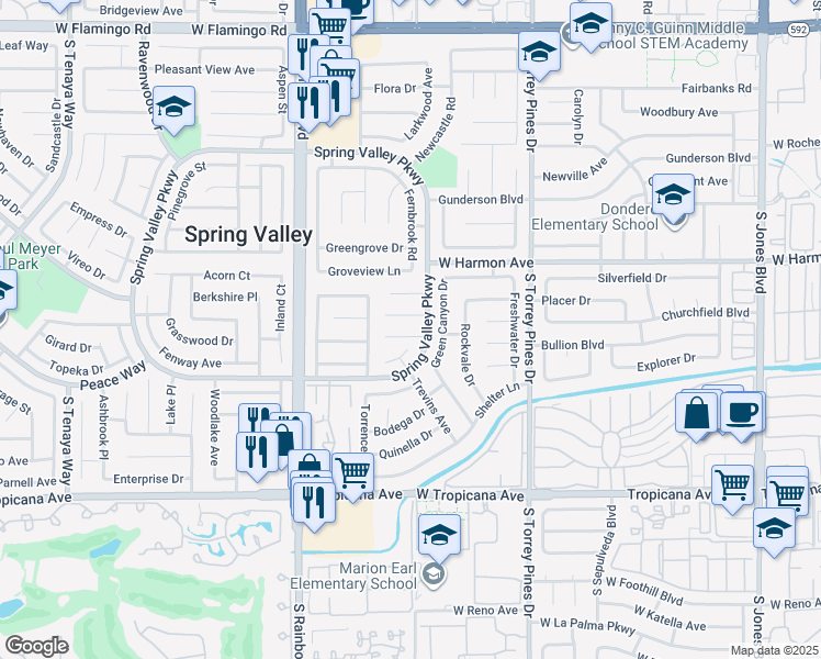 map of restaurants, bars, coffee shops, grocery stores, and more near 6736 Paljay Court in Las Vegas