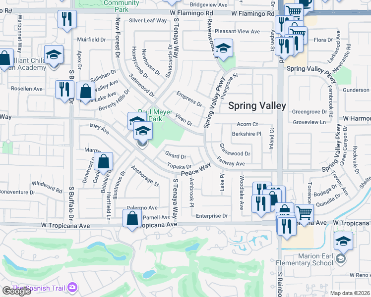 map of restaurants, bars, coffee shops, grocery stores, and more near 7321 Coffeyville Avenue in Las Vegas